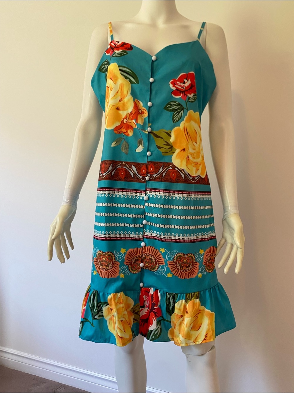 Teal Floral Button-Front Mini Dress with Ruffle Hem